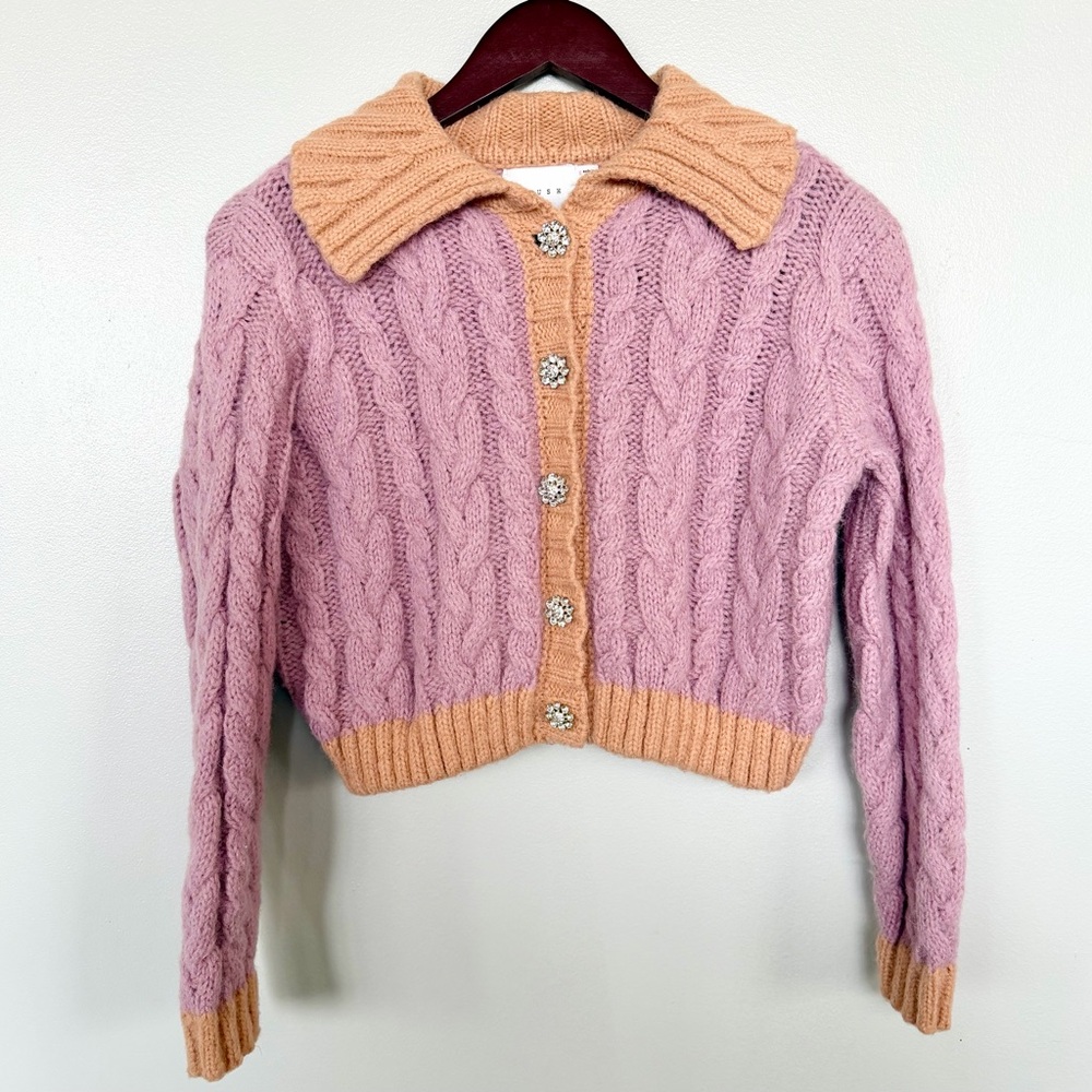 LUSH Small Shayla Cropped Cable Knit Lilac & Apricot Cardigan Rhinestone Details